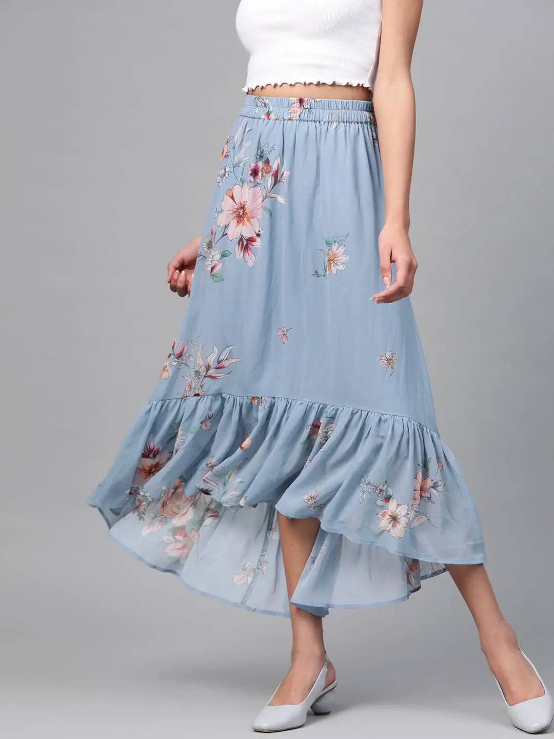 Pale Blue Floral Tiered High Low Skirt wool skirt breathable