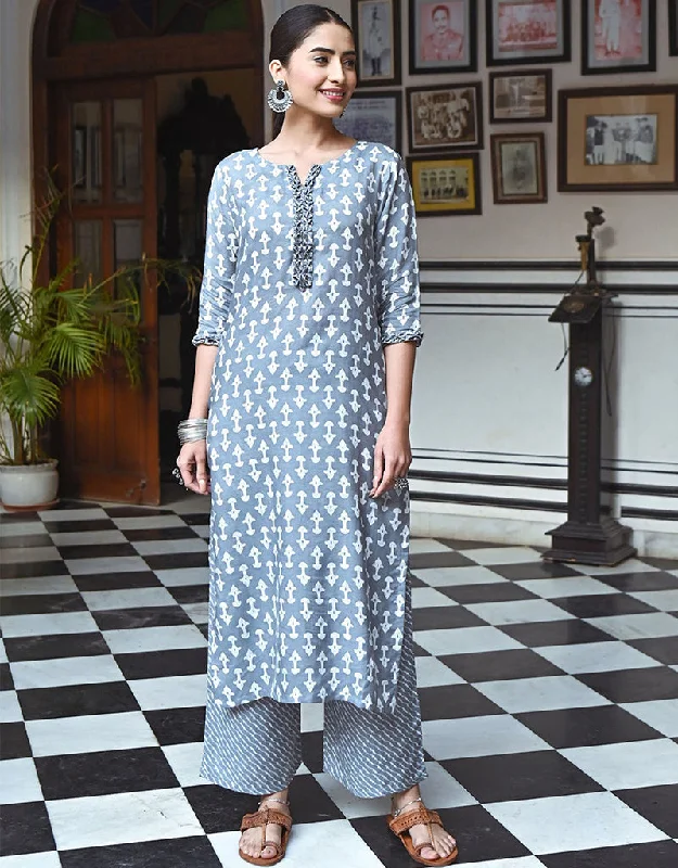 Stylish Grey Sky Pure Maslin All Season Designer Pure Maslin Heavy Digital Print Grey Sky Kurti & Bottom Straight Design Pant Stylish Paperbag Waist Pants