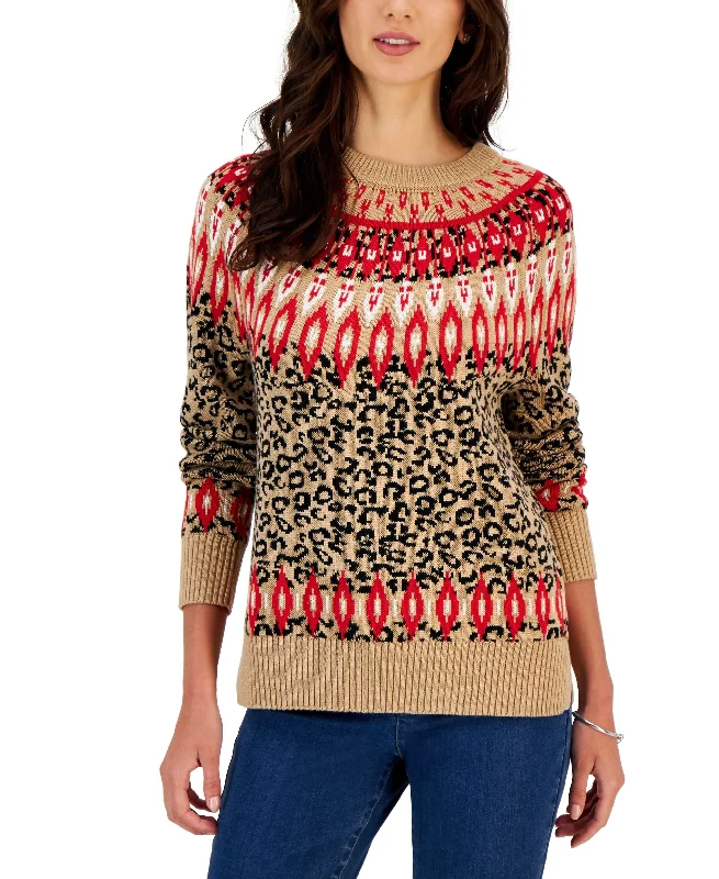 Charter Club Womens Cheetah Fair Isle Sweater Spandex Rayon Corduroy