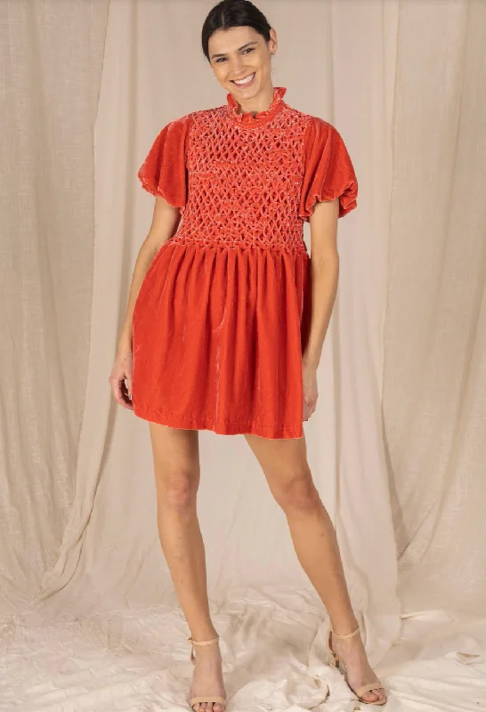 Lux Cali Girl Velvet Smocking Dress- Mandarin Red Cowl Neckline Elegant