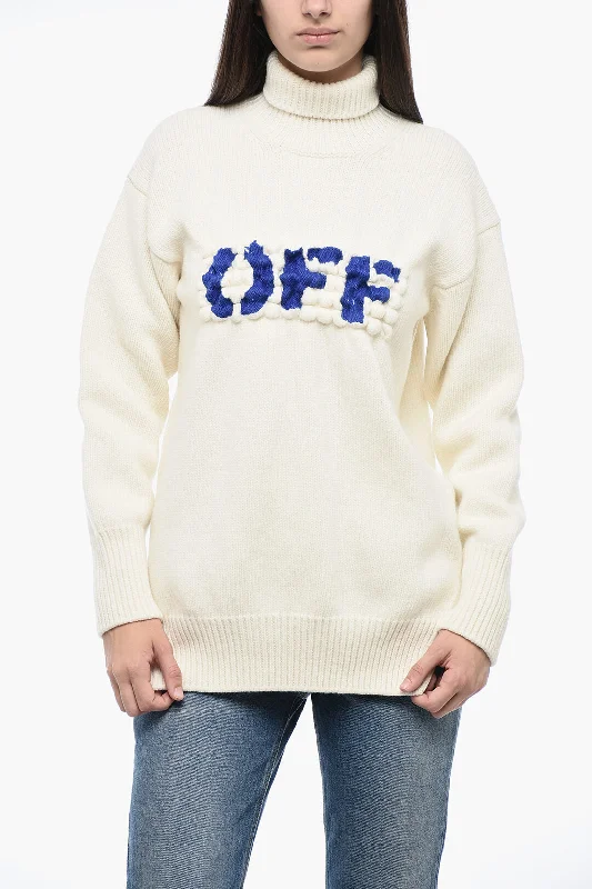 Off-White Embroidered Logo BOILED Turtle Neck Sweater 40 Italian size Solid Color Striped Floral Print