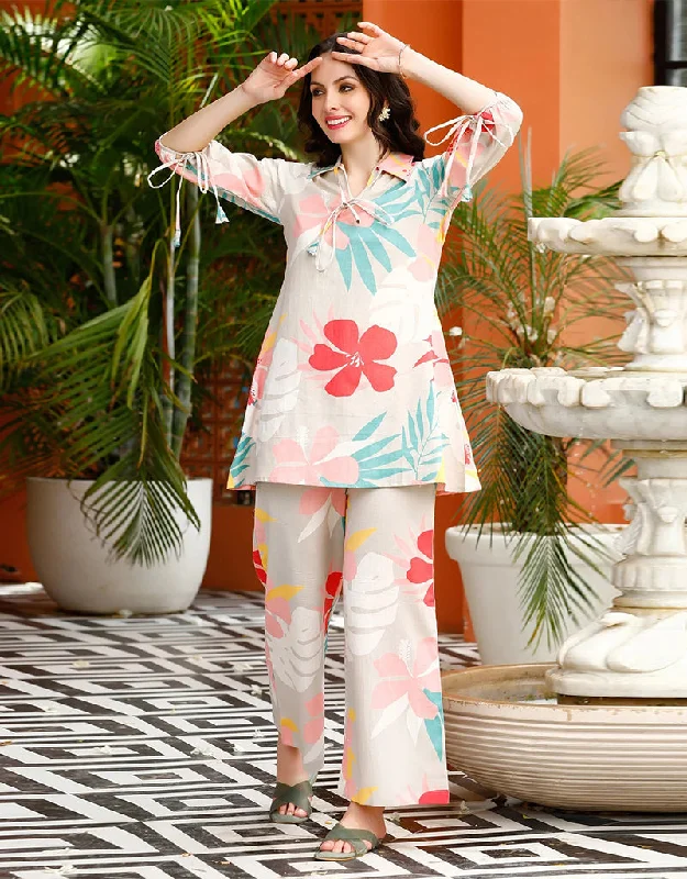 Elegant Peach Cotton Blend Beautiful Readymade Co-Ord Top With Bottom Set Suit Design Pant Fashionable Button-Up Pants