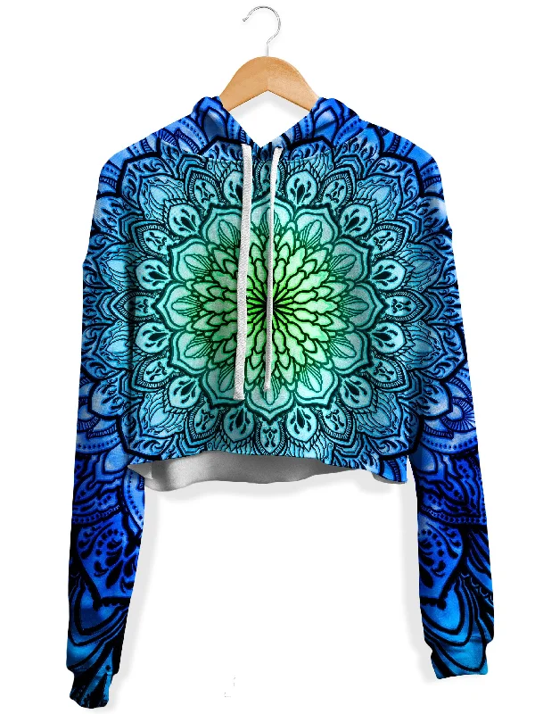 Ornate Mandala Blue Fleece Crop Hoodie Hoodie with V-Neck Classic Versatile