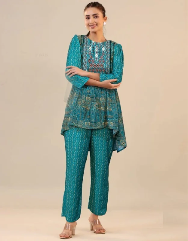 Trendy Blue Cotton Designer Party Wear Fancy Readymade Kurta With Paint Suit Design Pant Comfy High-Waist Jeans