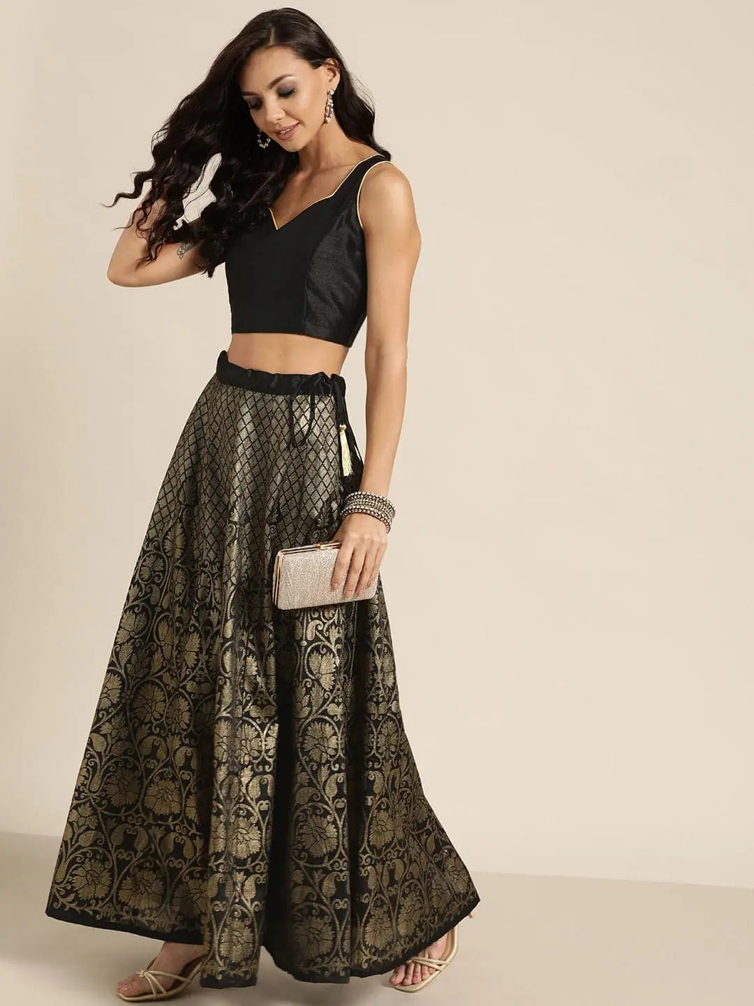 Black Kali Foil Print Anarkali Skirt wool skirt sturdy