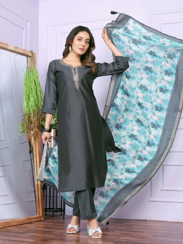 Solid Grey Designer Party Wear Readymade Pant Suit With Hand Work Chic Capri Pants