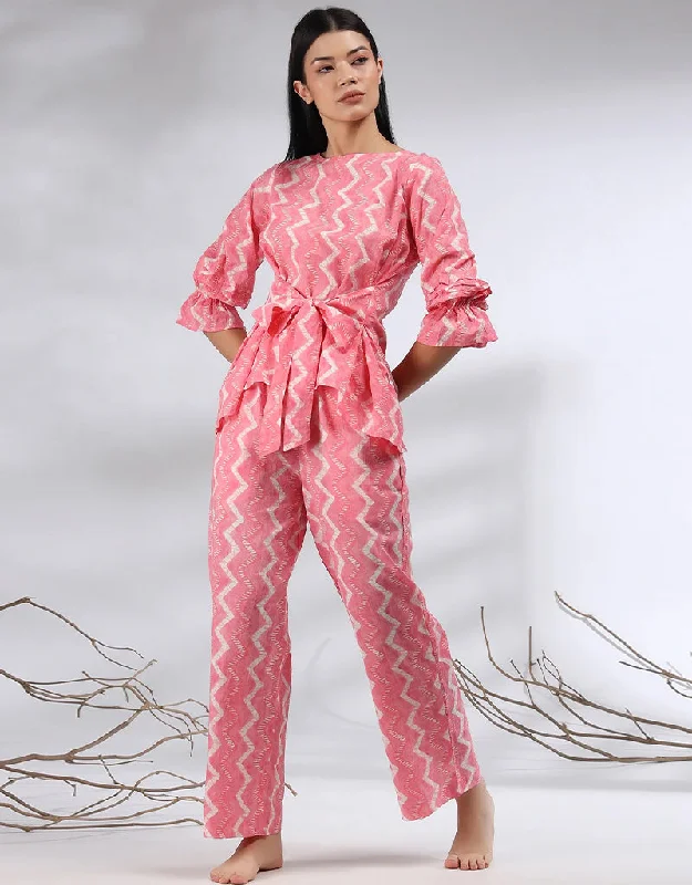 Trendy Pink Cotton Blend Beautiful Readymade Co-Ord Top With Bottom Set Suit Design Pant Slim Fit Casual Pants