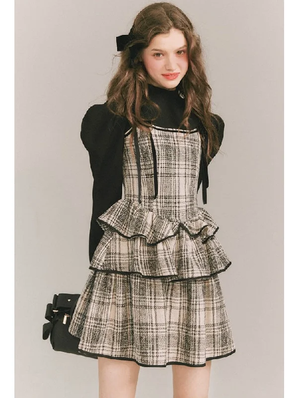 Plaid Cake Skirt Faux Two Piece Dress【s0000003859】 Tunics Silk luxurious