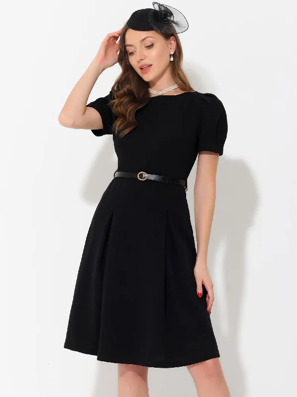 Elegant Work Belted Boat Neck Short Puff Sleeve Dress Turtleneck Neckline Stylish