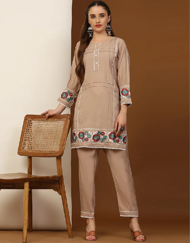 Designer Party Wear Readymade Co-Ords Sets Colletion Beige Silk Pant Suit Soft Wool Pants