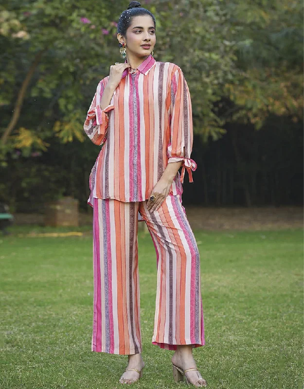 Designer Party Wear Readymade Co-Ord Set Collection Pink Mull Cotton Pant Suit Trendy Wide-Legged Trousers