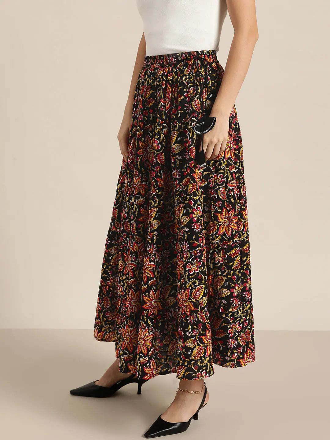 Black Floral Tiered Skirt linen skirt natural