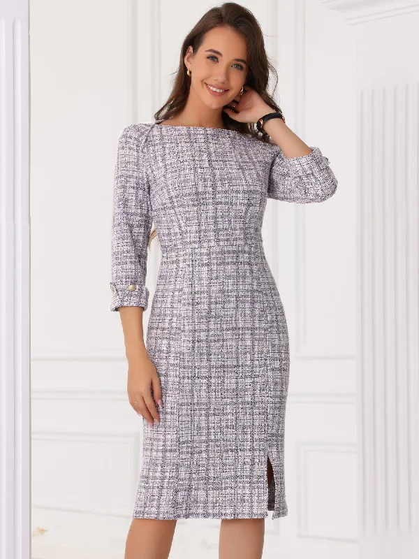 Tweed Boat Neck 3/4 Sleeve Plaid Midi Sheath Dress Tunics Seasonal trendy