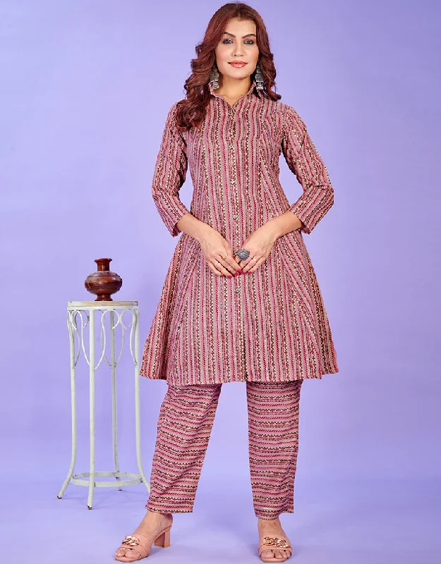 Trendy Function Wear Cotton Top With Pent Co-Ord Set Collection Lipstick Pink Cotton Pant Suit Chic Checkered Pants