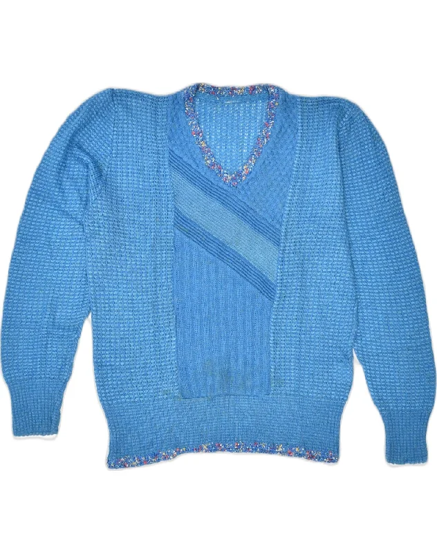 VINTAGE Womens V-Neck Jumper Sweater UK 14 Medium Blue Mohair Velvet Chenille Corduroy