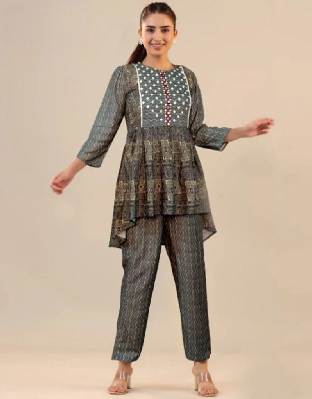 Stylish Grey Cotton Designer Party Wear Fancy Readymade Kurta With Paint Suit Design Pant Formal Linen Trousers