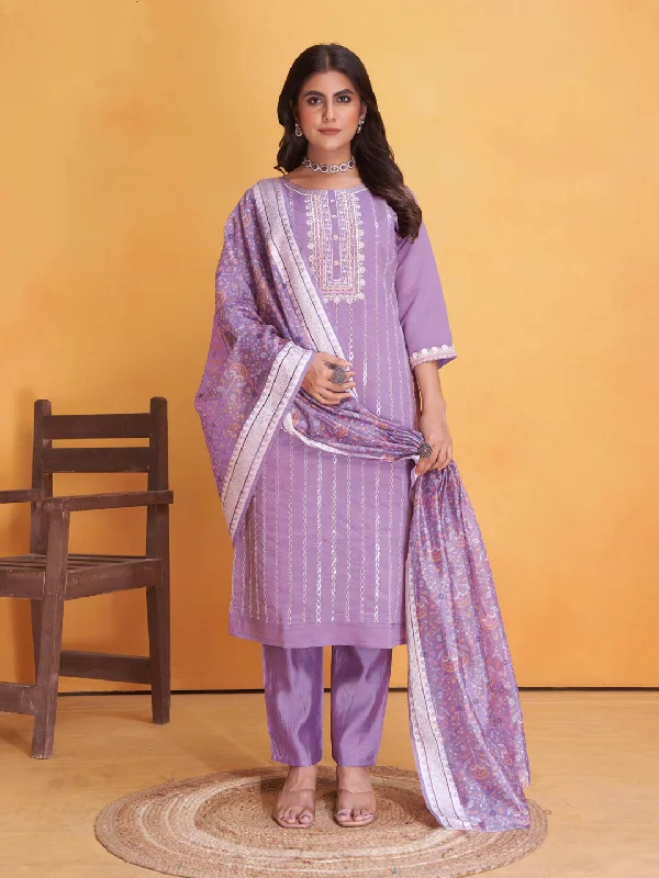 Lavender Elementary Designer Readymade Pant Suit With Embroidery Work Classic Bootcut Trousers