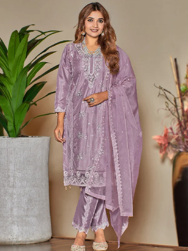 Lavender Designer Semi-Stitched Pant Suit With Embroidery Work Stylish Paperbag Waist Pants