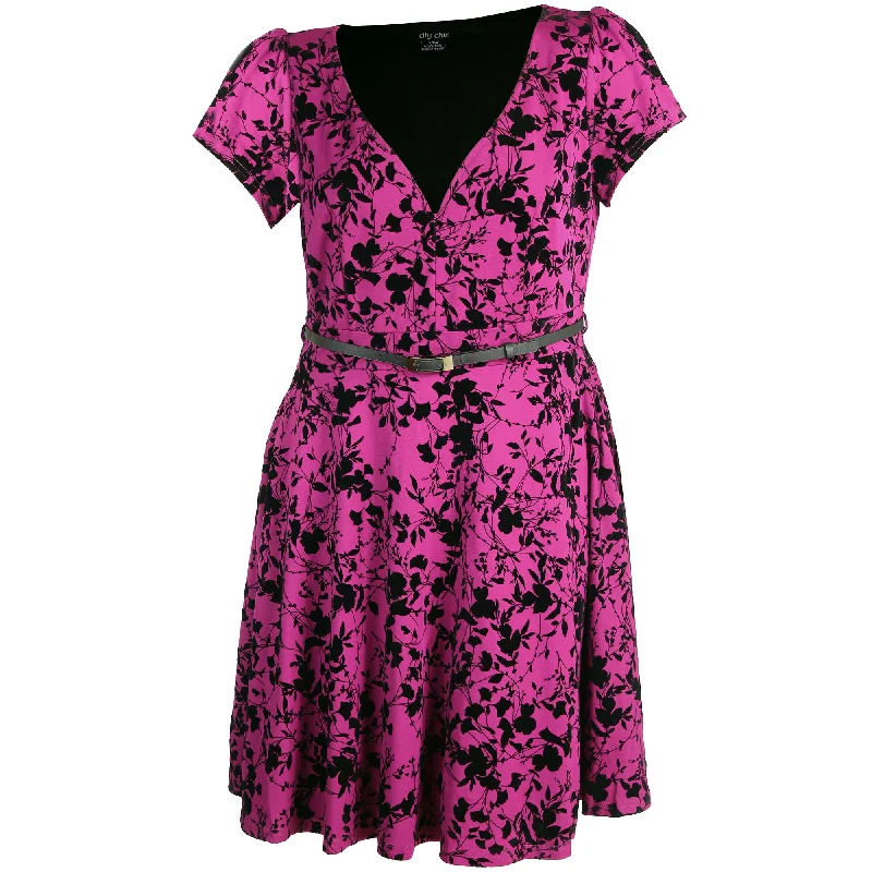 City Chic Floral Print Short Sleeve Belted Fit & Flare Dress Plus Size Tunics Leisure comfortable