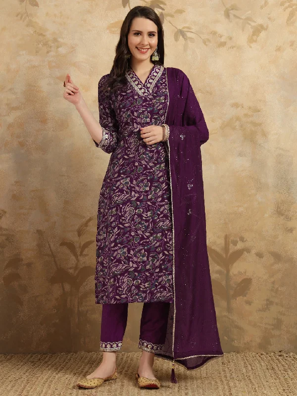 Wine Designer Party Wear Readymade Pant Suit With Printed Embroidery Work Wide-Legged Palazzos