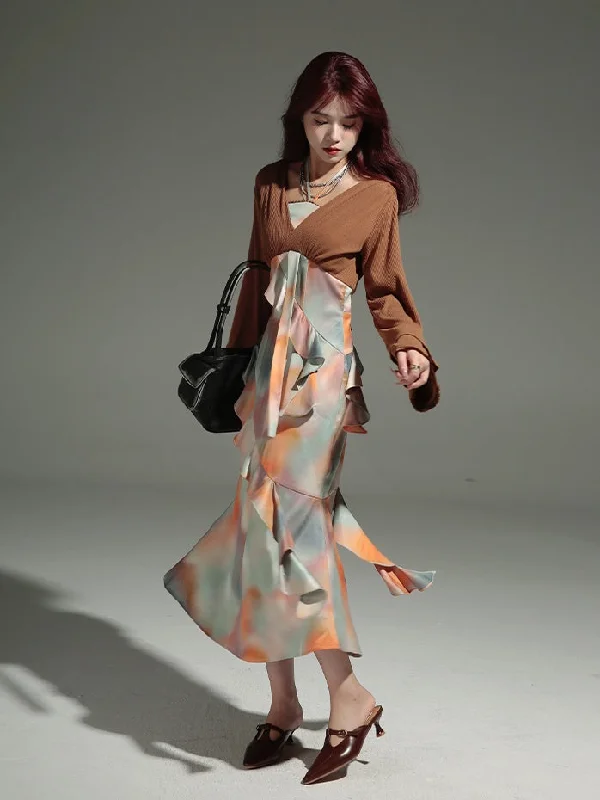 Fake Two-piece Mermaid Marble Long Dress【s0000004232】 Halter Neckline Beach