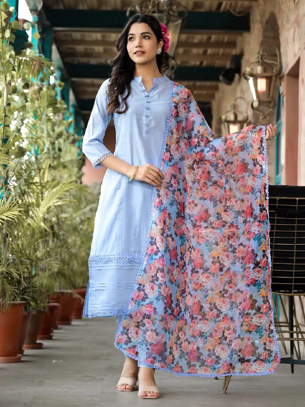 Blue Designer Readymade Pant Suit With Designer Embroidery Work Cozy Full-Length Pants