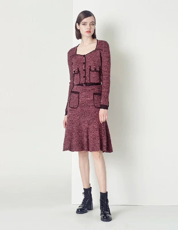 MARYLING burgundy red contrast knitted skirt linen skirt breathable