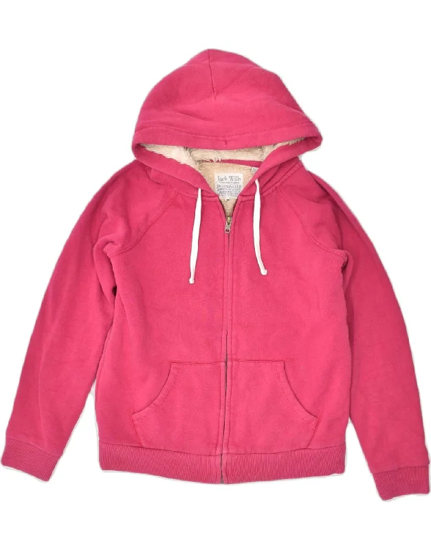 JACK WILLS Womens Sherpa Graphic Zip Hoodie Sweater UK 10 Small Pink Zippered Buttoned Snapped