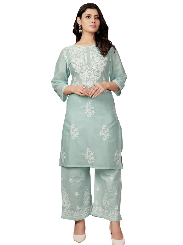 Blue Designer Readymade Cotton Pant Suit With Chikankari Embroidery Work Comfy High-Waist Jeans