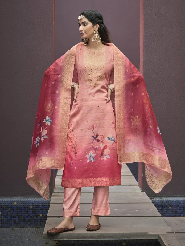 Pink Traditional Designer Semi-Stitched Chanderi Jacquard Pant Suit With Digital Printed Work Trendy Velvet Pants