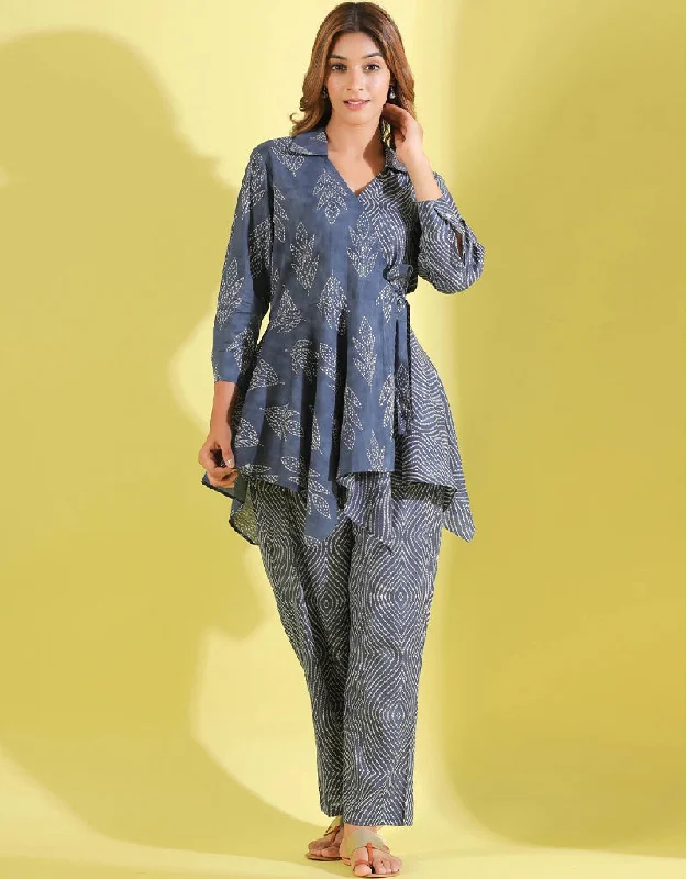 Contemporary Blue Cotton Blend Beautiful Readymade Co-Ord Top With Bottom Set Suit Design Pant Relaxed Lounge Trousers