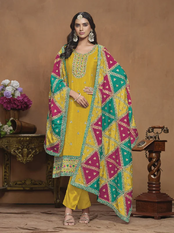 Yellow Heavy Designer Readymade Pant Suit With Heavy Embroidery Work Classic Cropped Pants