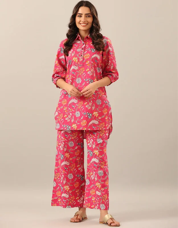 Contemporary Pink Cotton Blend Beautiful Readymade Co-Ord Top With Bottom Set Suit Design Pant Comfortable Fleece Pants