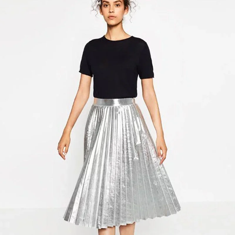 Girls Casual Vintage Mid-long Pleated est Gold/Silver Metal Shiny Skirts Women Trend Metallic Bronzing wool skirt breathable