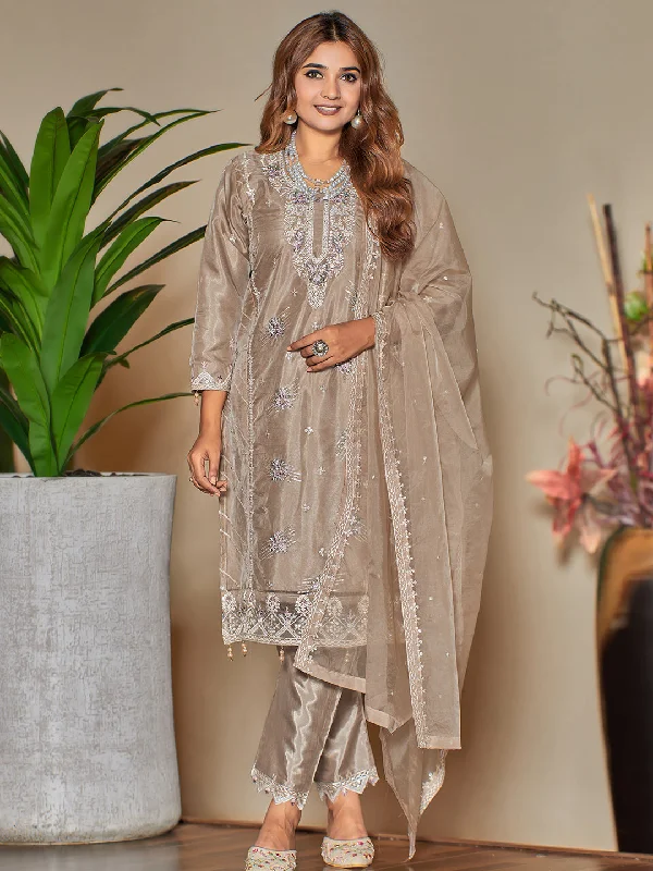 Biege Designer Semi-Stitched Pant Suit With Embroidery Work Comfy Zip-Up Pants