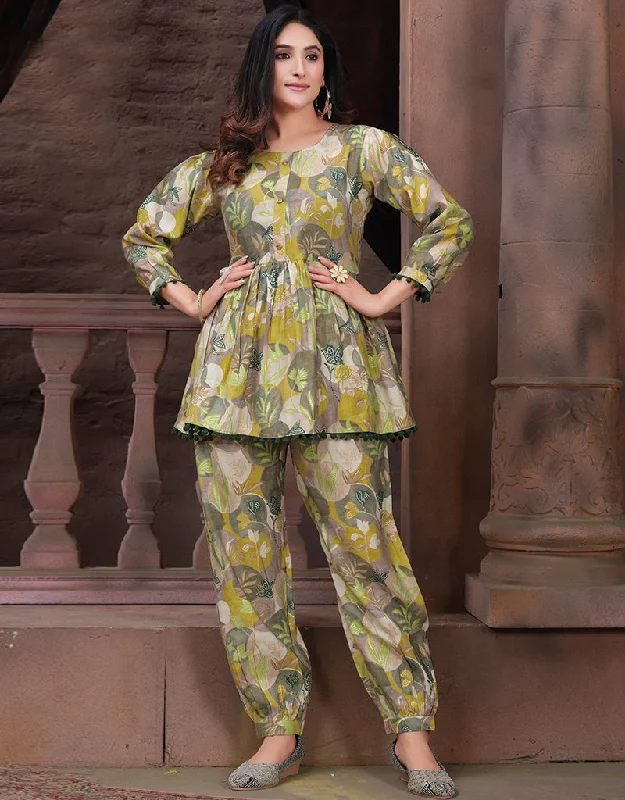 Trendy Party Wear Readymade Co-Ords Collection Luxor Gold Premium Chanderi Pant Suit Casual Sweatpants Style