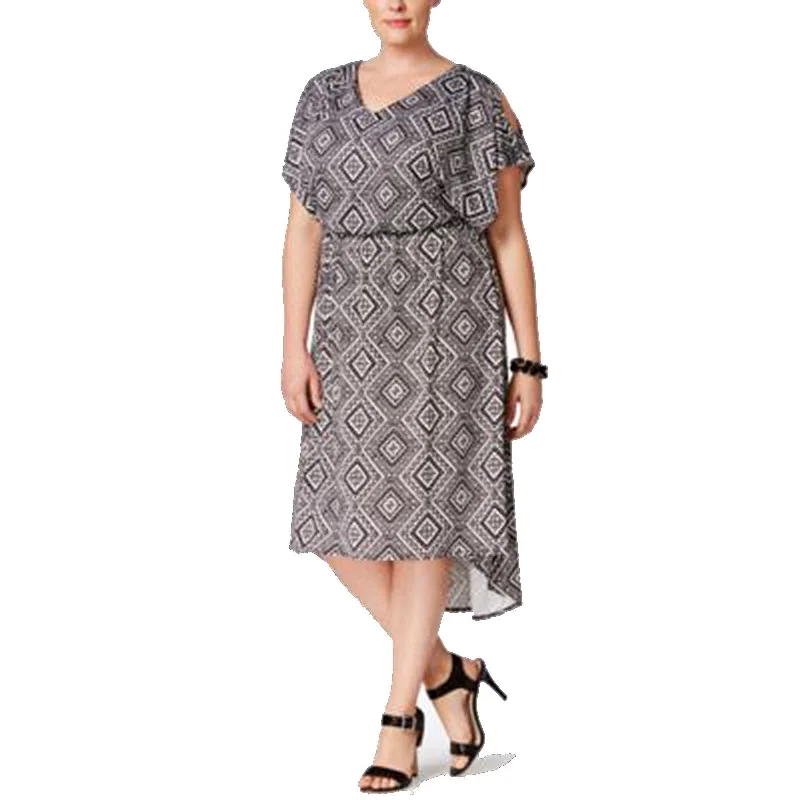 NY Collection Black / White Print Short Sleeve Cold Shoulder High-Low Dress Plus Size Tunics Trousers formal