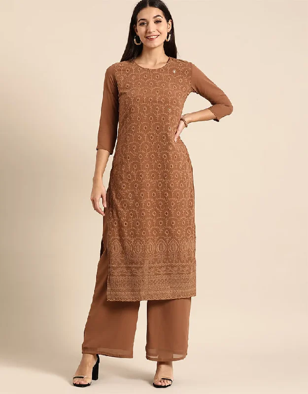 Sophisticated Brown Rust Poly Georgette Motifs Embroidered Chikankari Kurta With Palazzo Straight Design Pant Lightweight Linen Pants