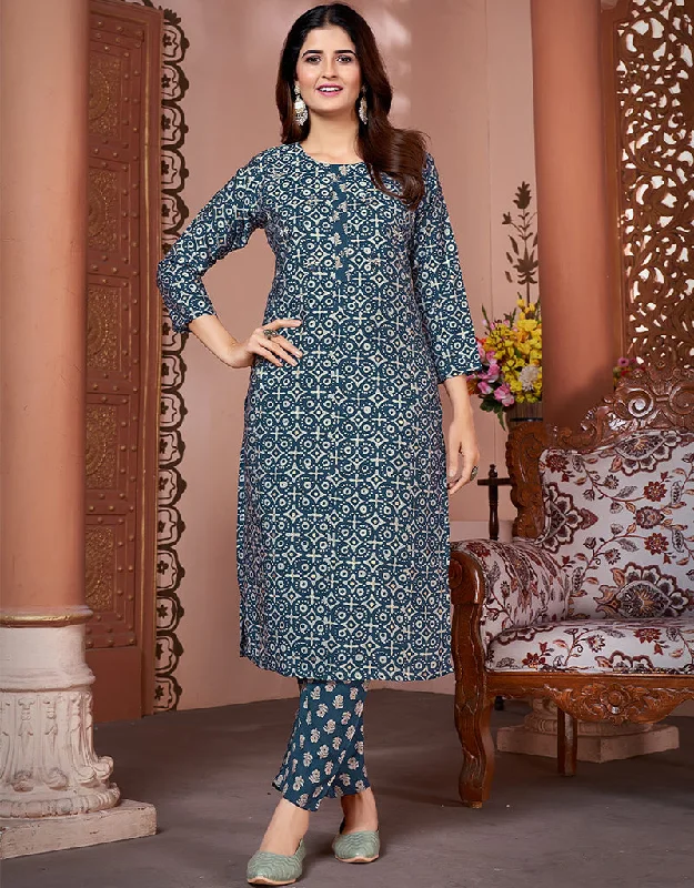 Fashionable Blue Rayon Beautiful Looking Readymade Top With Bottom Set Straight Design Pant Trendy Printed Leggings