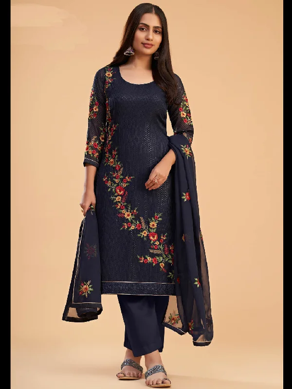 Navy Blue Designer Heavy Semi-Stitched Pant Suit With Embroidery Work Trendy Wide-Leg Pants