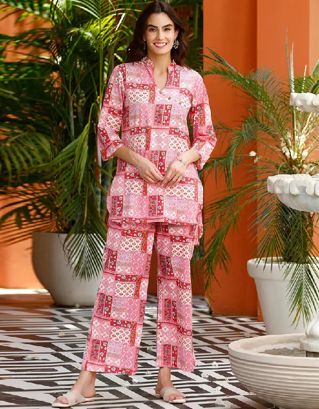 Chic Pink Cotton Blend Beautiful Readymade Co-Ord Top With Bottom Set Suit Design Pant Fashionable Jogger Pants