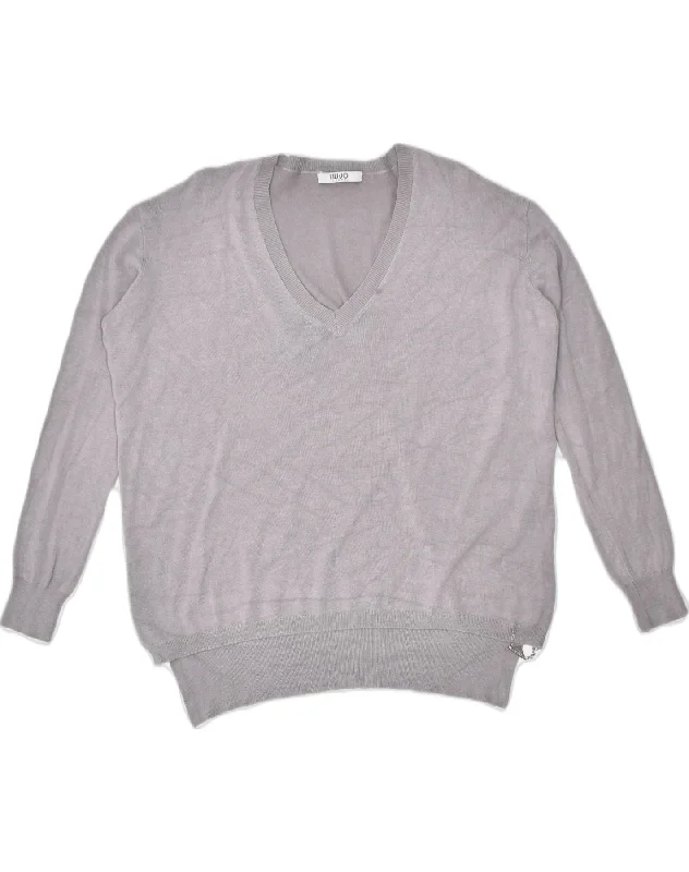 LIU JO Womens V-Neck Jumper Sweater UK 22 3XL Grey Viscose Transparent Opaque Sheer