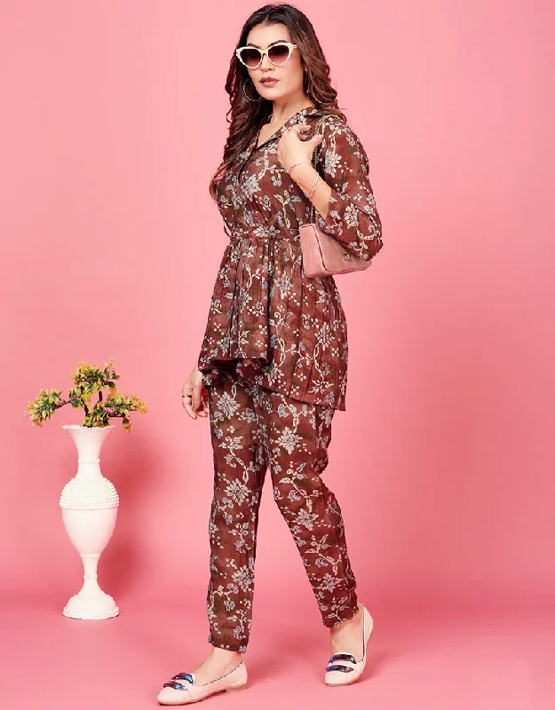 Trendy Party Wear Readymade Co-Ords Collection Brownish Premium Chanderi Pant Suit Cozy Full-Length Pants