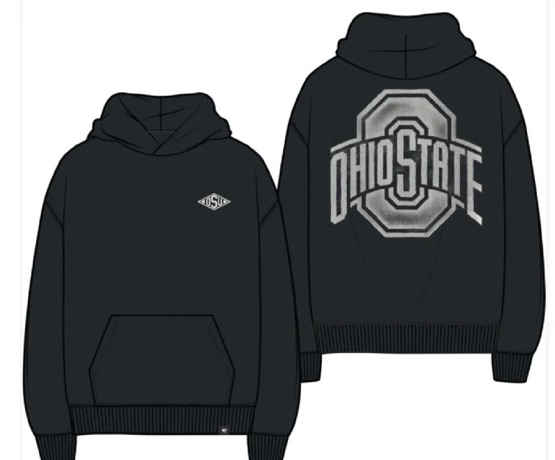 OHIO STATE BUCKEYES FLINT BLACK MONOGRAM BACKER FOUNDATION HOODIE BY ’47 BRAND Hooded Sweatshirt Casual Wear Street Style