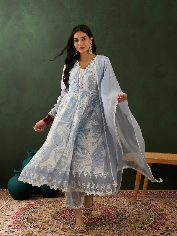 Light Blue Designer Readymade Pant Suit With Printed schiffli Embroidery Work Classic Pleated Pants