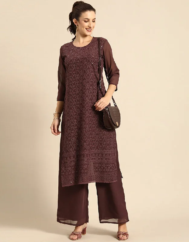 Trendy Woody Brown Poly Georgette Motifs Embroidered Chikankari Kurta With Palazzo Straight Design Pant Comfortable Cargo Pants