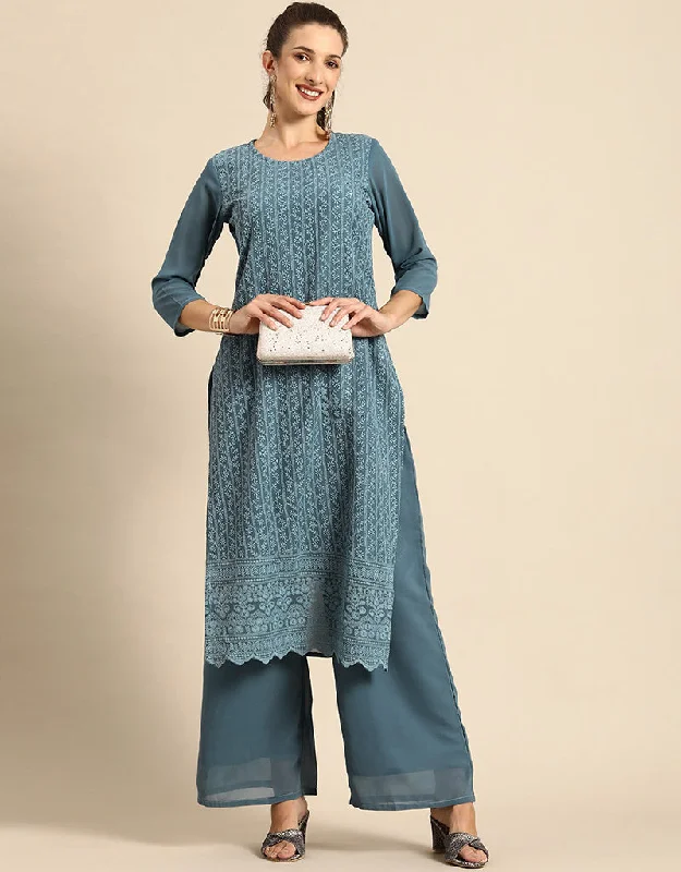 Stylish Jet Grey Poly Georgette Motifs Embroidered Chikankari Kurta With Palazzo Straight Design Pant Formal Dress Pants