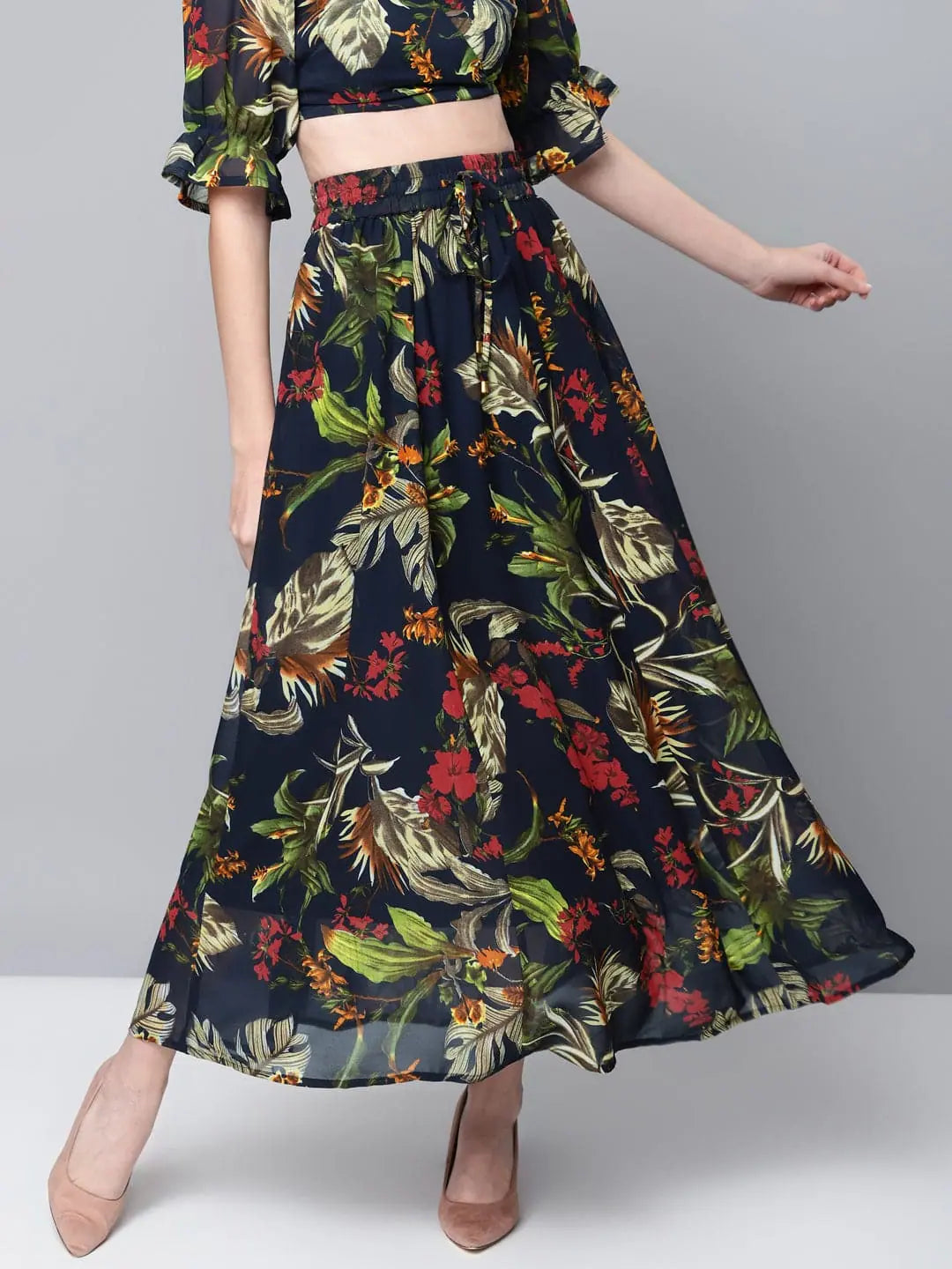 Navy Floral Maxi Skirt wool skirt warm