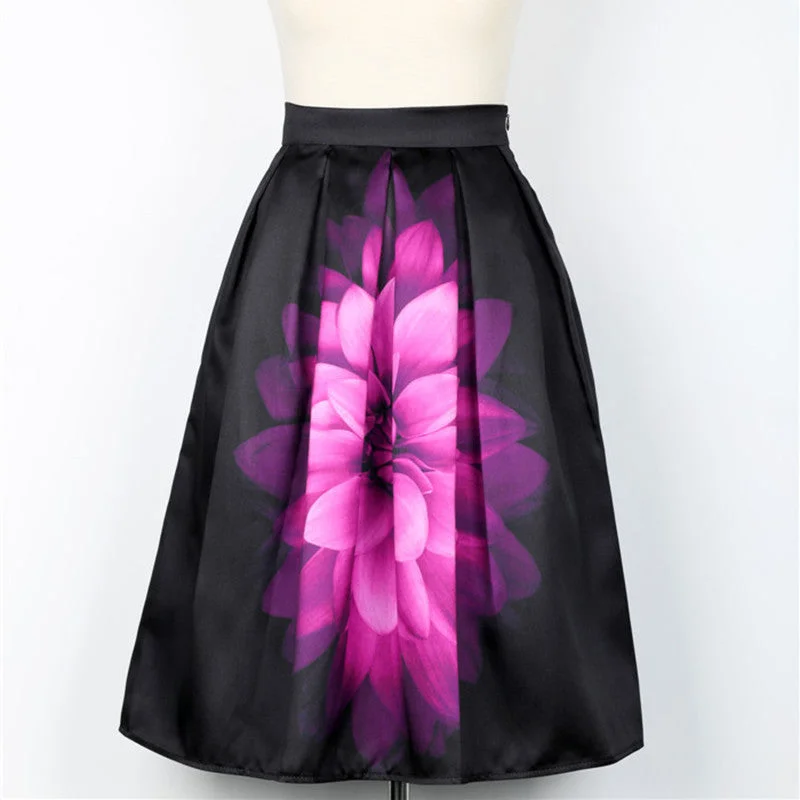 Audrey Hepburn Vintage Retro Fantasy Purple Flower Floral Print High Waist Pleated Midi Skirt Black Saias cashmere skirt rich