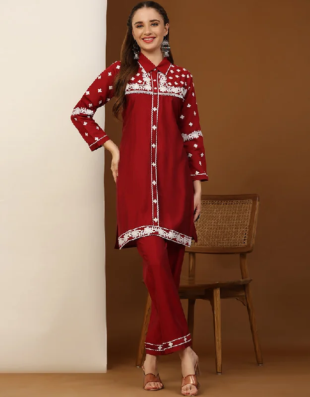 Designer Party Wear Readymade Co-Ords Sets Colletion Red Silk Pant Suit Relaxed Lounge Trousers